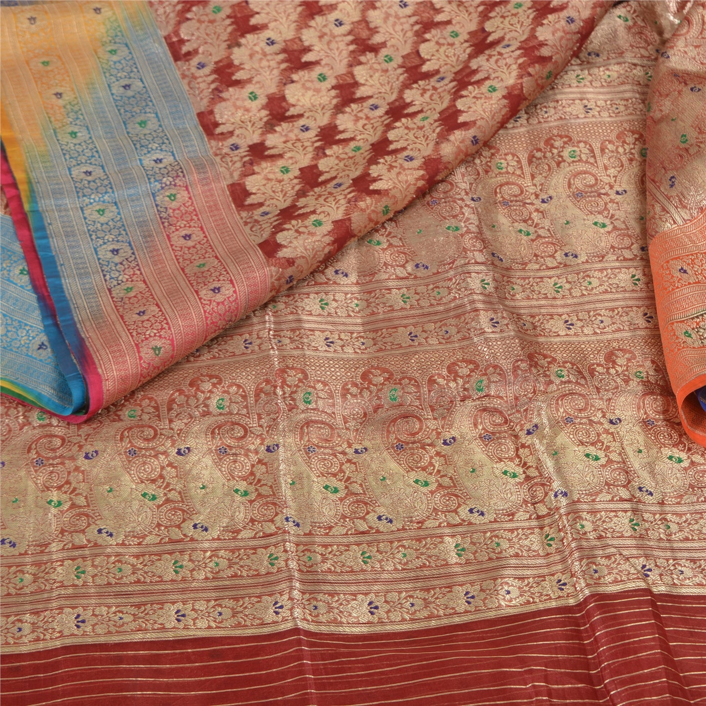 Sanskriti Vintage Sarees Red Brocade/Banarasi Zari Woven Pure Satin Sari Fabric