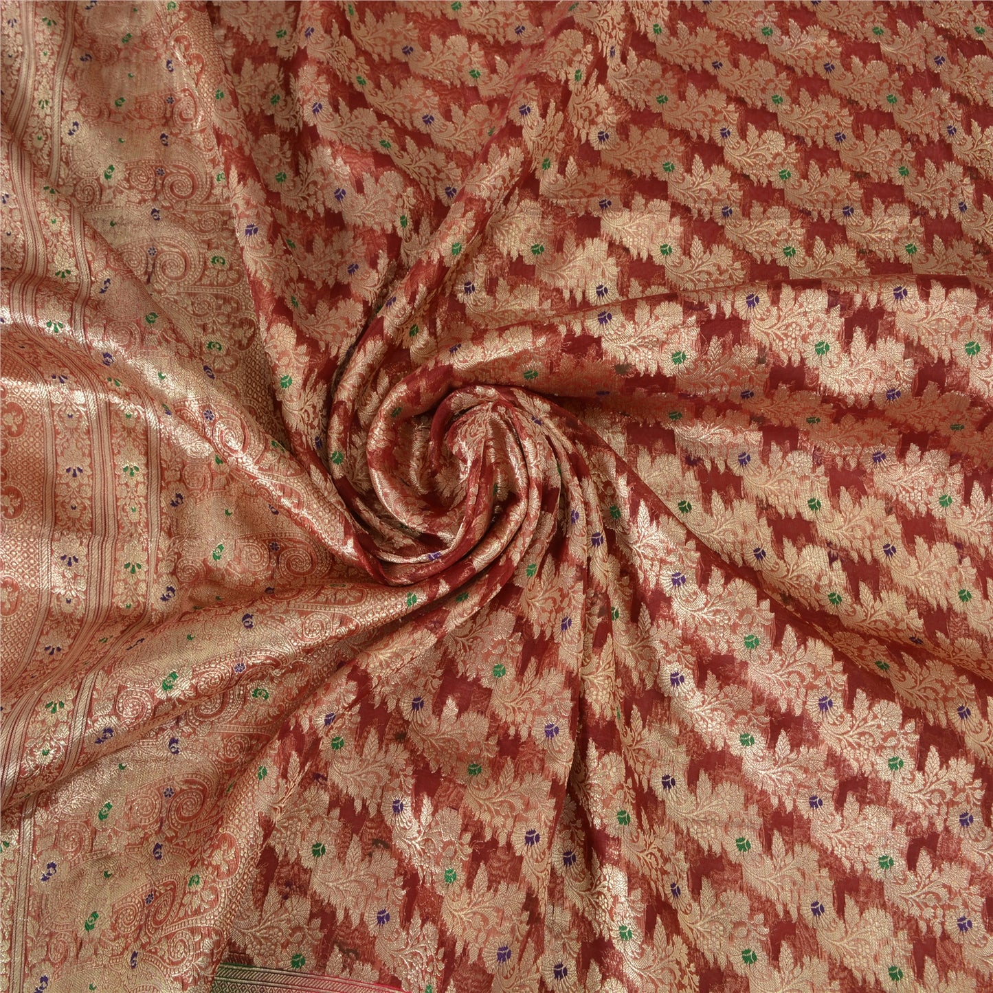 Sanskriti Vintage Sarees Red Brocade/Banarasi Zari Woven Pure Satin Sari Fabric