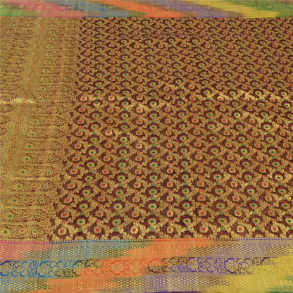 Sanskriti Vintage Sarees Brown Brocade/Banarasi ZariWoven Pure Silk Sari Fabric