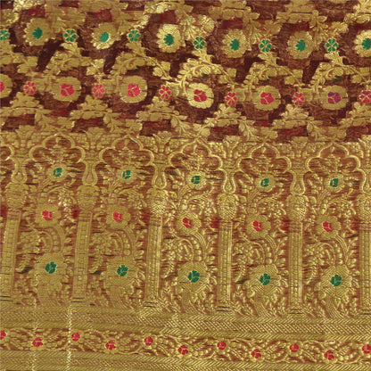 Sanskriti Vintage Sarees Brown Brocade/Banarasi ZariWoven Pure Silk Sari Fabric