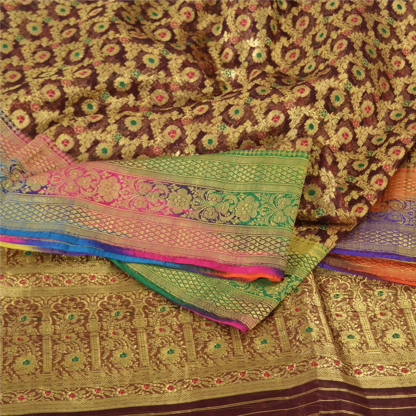 Sanskriti Vintage Sarees Brown Brocade/Banarasi ZariWoven Pure Silk Sari Fabric