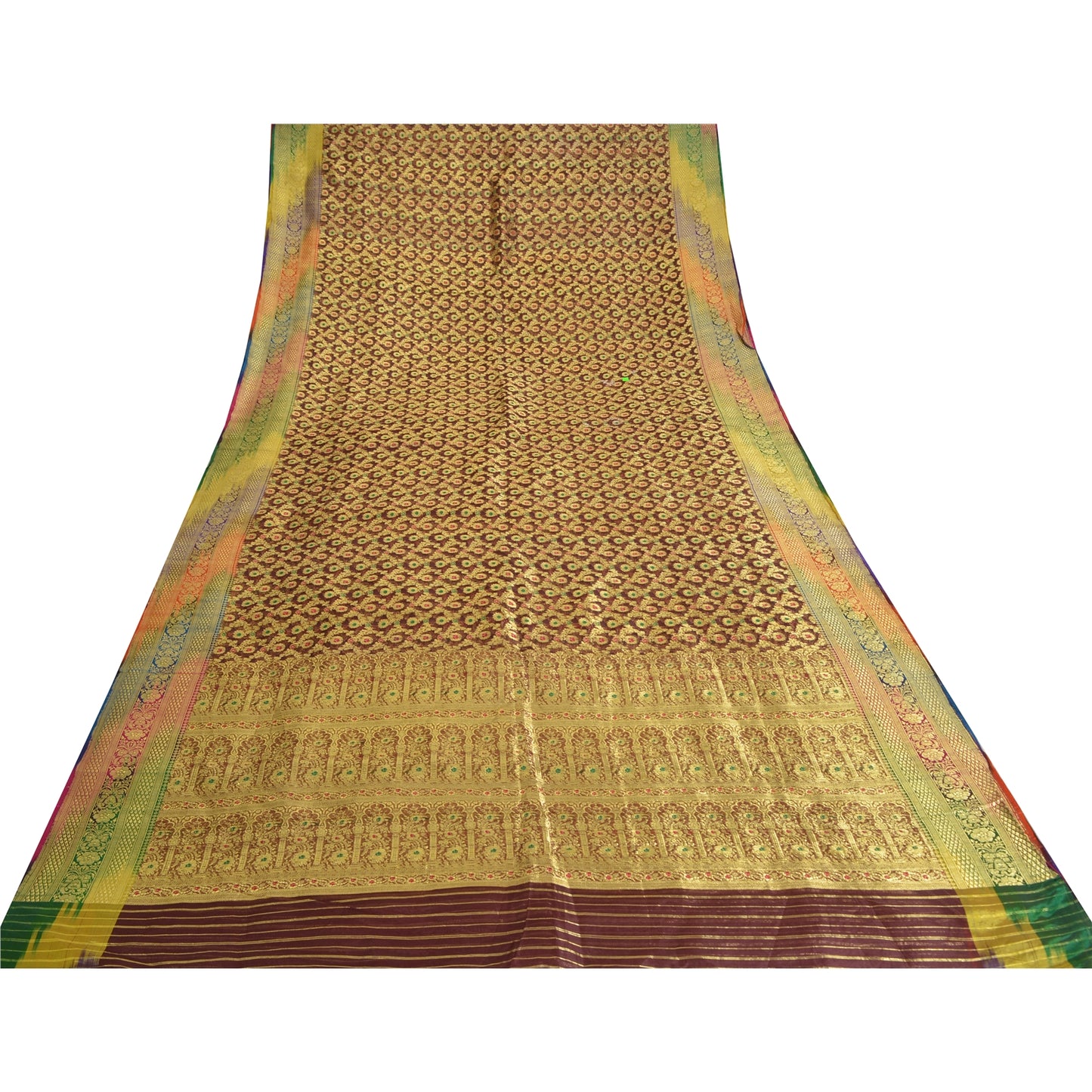 Sanskriti Vintage Sarees Brown Brocade/Banarasi ZariWoven Pure Silk Sari Fabric