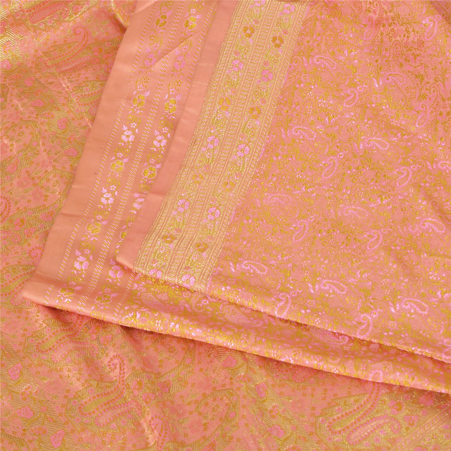 Sanskriti Vintage Sarees Peach Brocade/Banarasi ZariWoven Pure Satin Sari Fabric