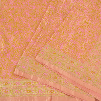 Sanskriti Vintage Sarees Peach Brocade/Banarasi ZariWoven Pure Satin Sari Fabric