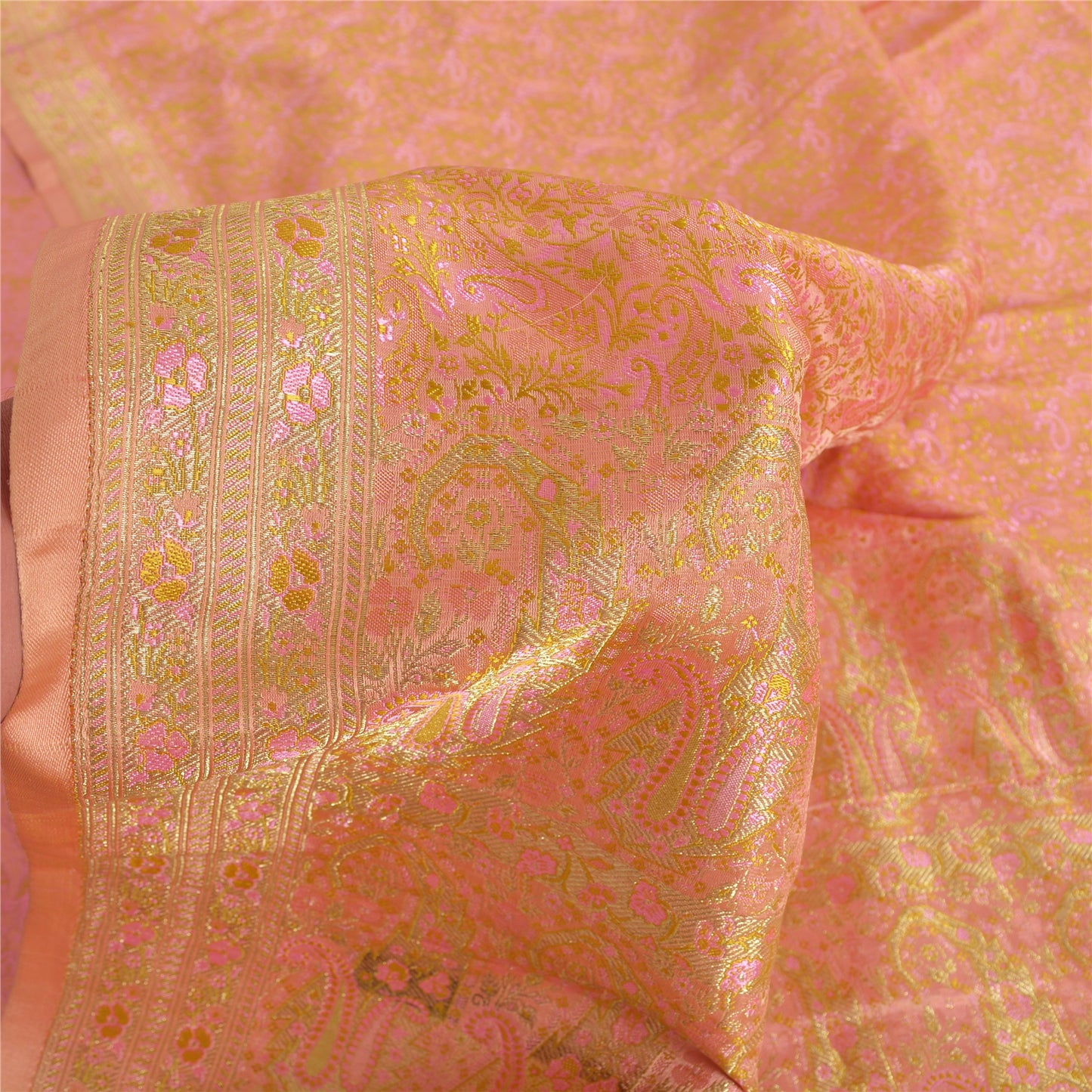 Sanskriti Vintage Sarees Peach Brocade/Banarasi ZariWoven Pure Satin Sari Fabric