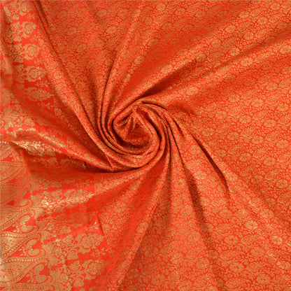 Sanskriti Vintage Sarees Orange Brocade/Banarasi ZariWoven PureSatin Sari Fabric