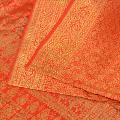 Sanskriti Vintage Sarees Orange Brocade/Banarasi ZariWoven PureSatin Sari Fabric