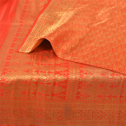 Sanskriti Vintage Sarees Orange Brocade/Banarasi ZariWoven PureSatin Sari Fabric