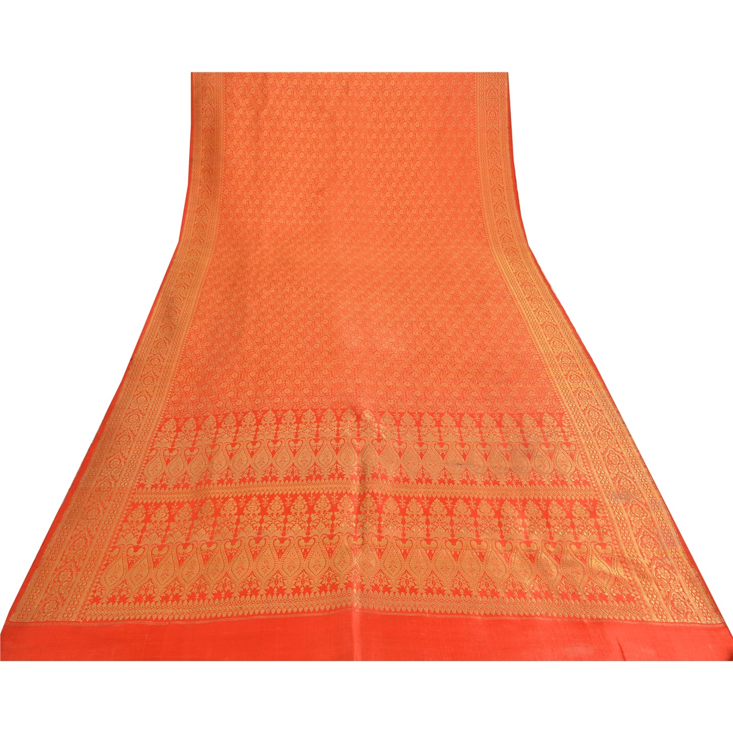 Sanskriti Vintage Sarees Orange Brocade/Banarasi ZariWoven PureSatin Sari Fabric