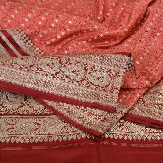 Sanskriti Vintage Sarees Coral Brocade/Banarasi Zari Woven PureSatin Sari Fabric