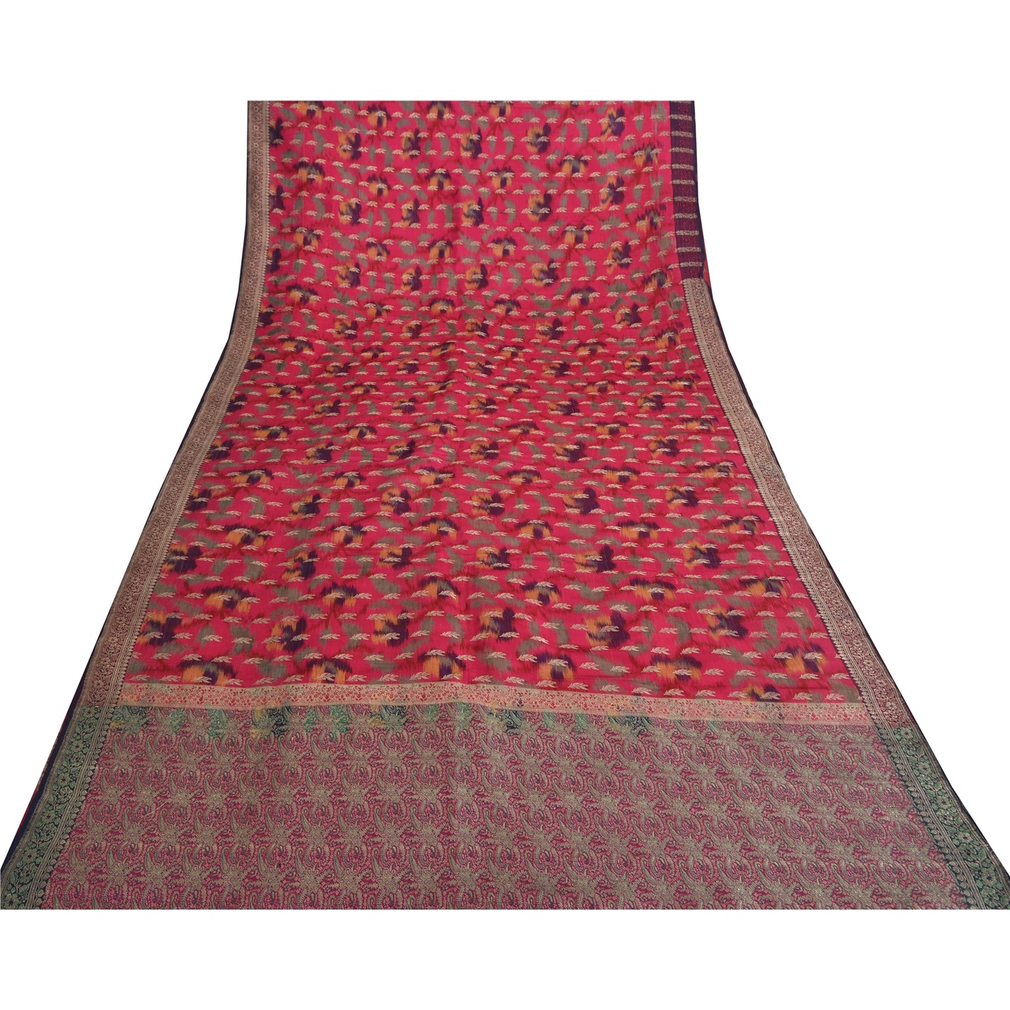 Sanskriti Vintage Pink Sarees Pure Silk Hand Woven Ikat/Brocade Sari 5yrd Fabric