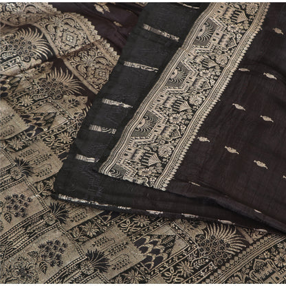 Sanskriti Vintage Black Sarees Pure Silk Hand Woven Brocade/Banarasi 5yd Sari