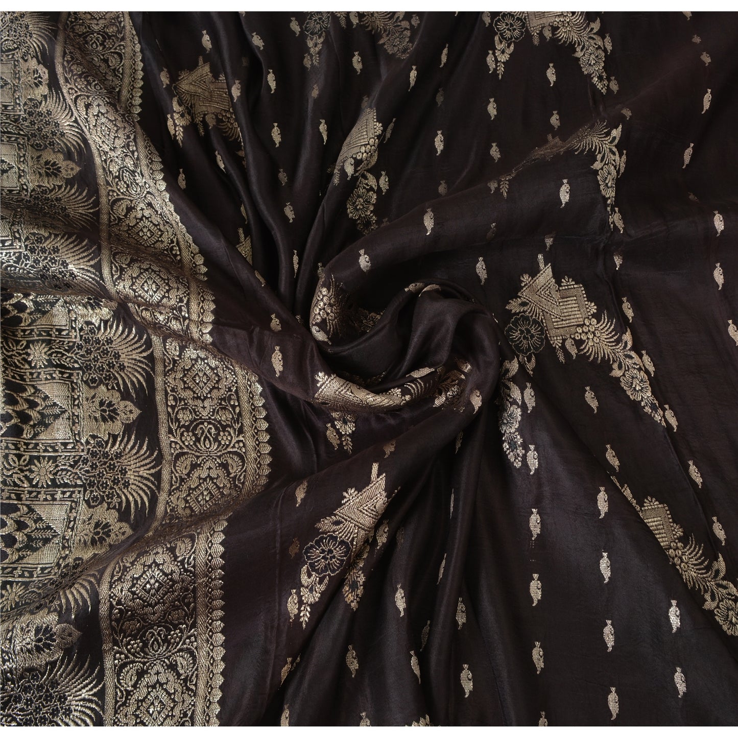 Sanskriti Vintage Black Sarees Pure Silk Hand Woven Brocade/Banarasi 5yd Sari