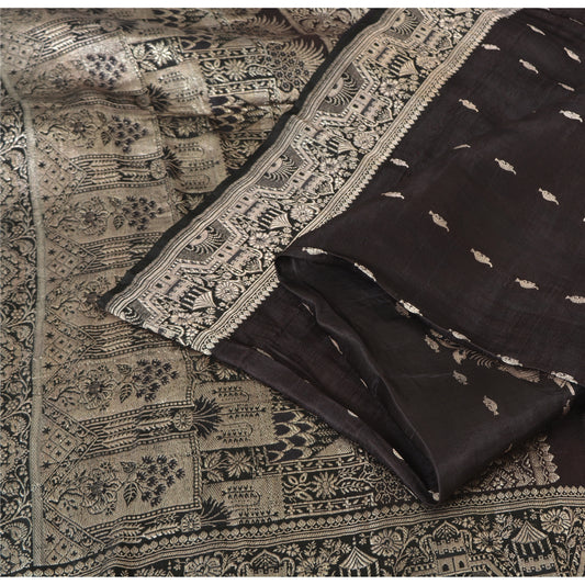 Sanskriti Vintage Black Sarees Pure Silk Hand Woven Brocade/Banarasi 5yd Sari