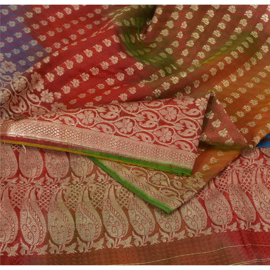 Sanskriti Vintage Sarees Blend Silk Banarasi Brocade Hand Woven Sari/Fabric 5yd