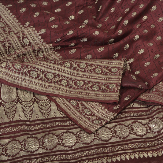 Sanskriti Vintage Burgundy Sarees Pure Silk Brocade Hand Woven Sari Craft Fabric