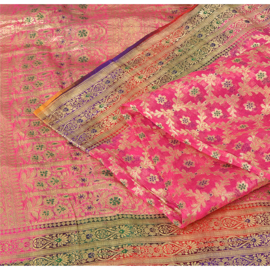 Sanskriti Vintage Pink Sarees Pure Silk Hand Woven Brocade/Banarasi Sari/Fabric