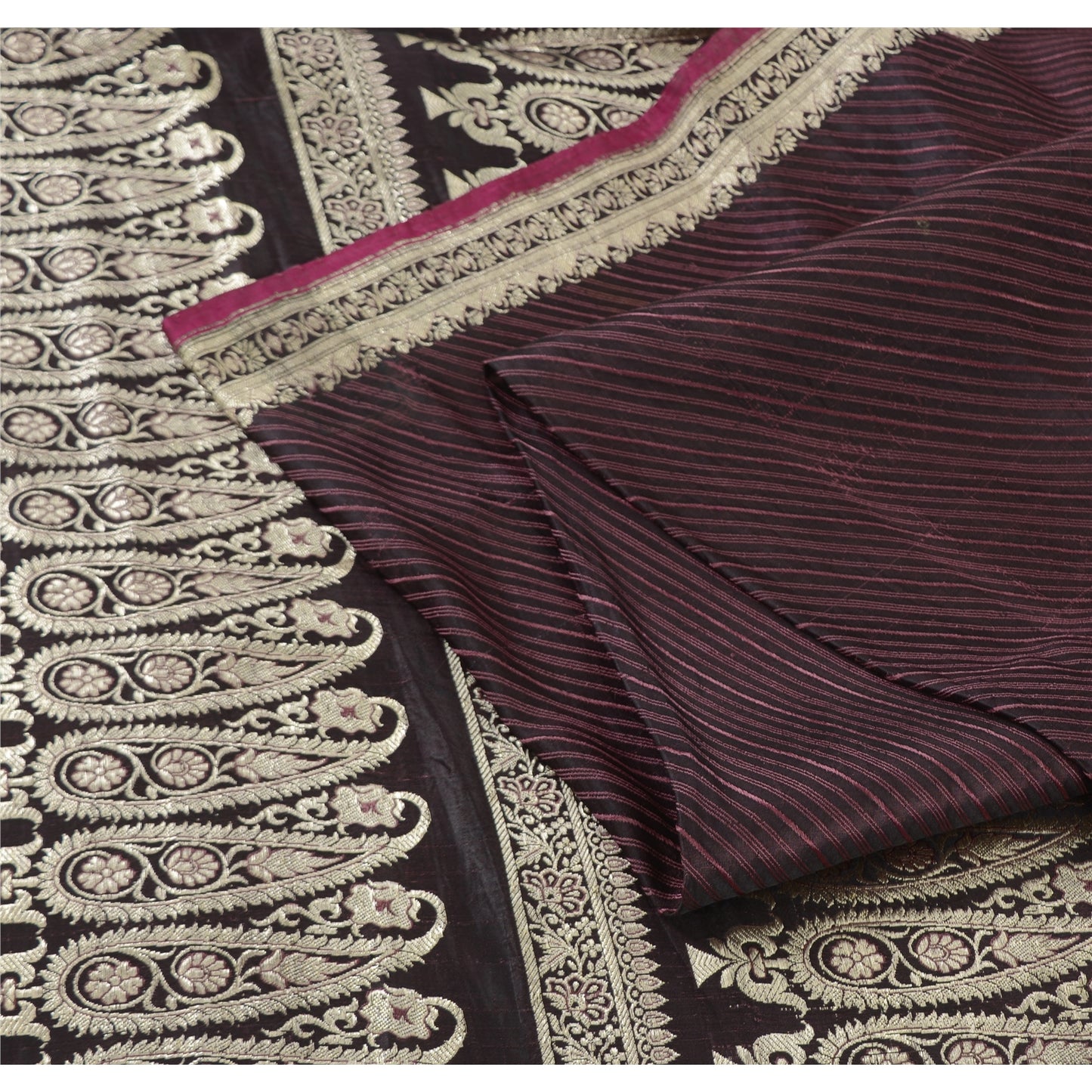 Sanskriti Vintage Plum Sarees Pure Satin Silk Banarasi Brocade Fabric Craft Sari