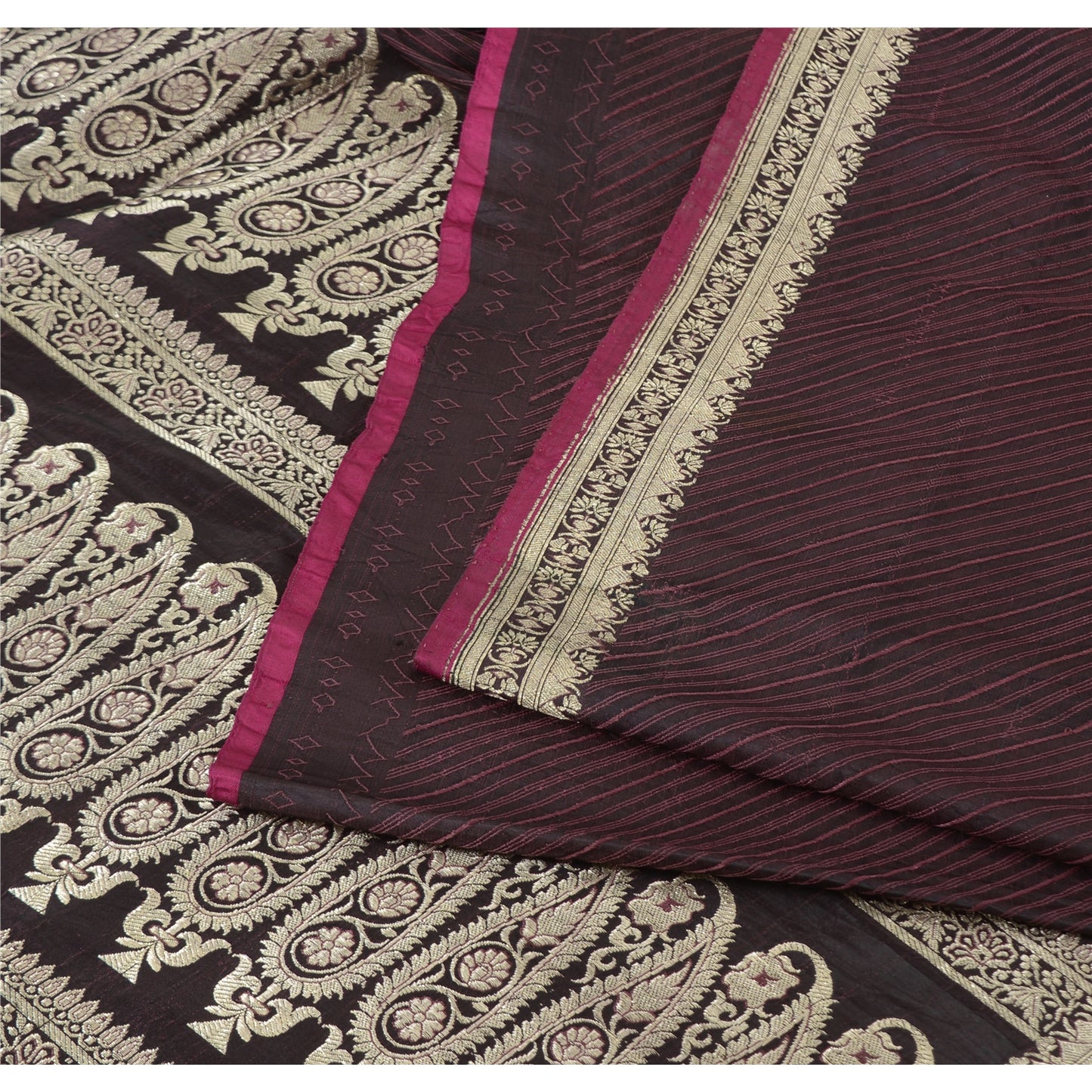 Sanskriti Vintage Plum Sarees Pure Satin Silk Banarasi Brocade Fabric Craft Sari