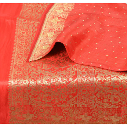 Sanskriti Vintage Red Sarees Pure Satin Silk Banarasi Brocade Woven Fabric Sari