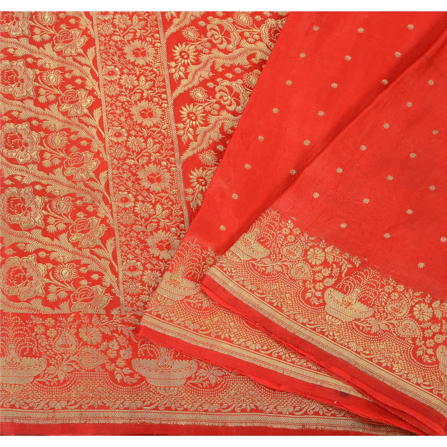 Sanskriti Vintage Red Sarees Pure Satin Silk Banarasi Brocade Woven Fabric Sari