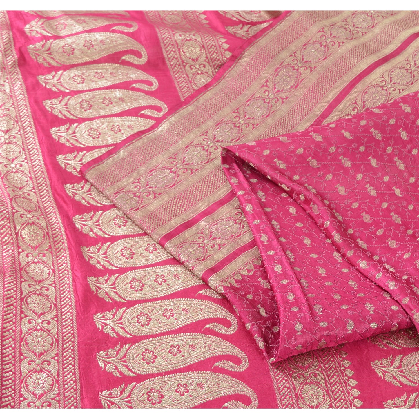 Sanskriti Vintage Fuchsia Sarees Pure Satin Silk Brocade Woven Sari Craft Fabric