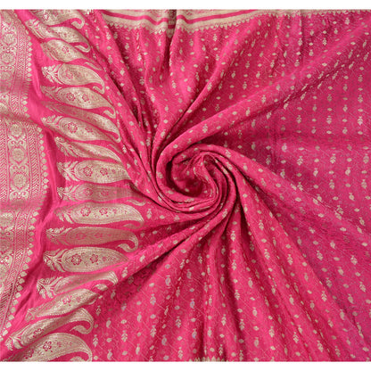 Sanskriti Vintage Fuchsia Sarees Pure Satin Silk Brocade Woven Sari Craft Fabric