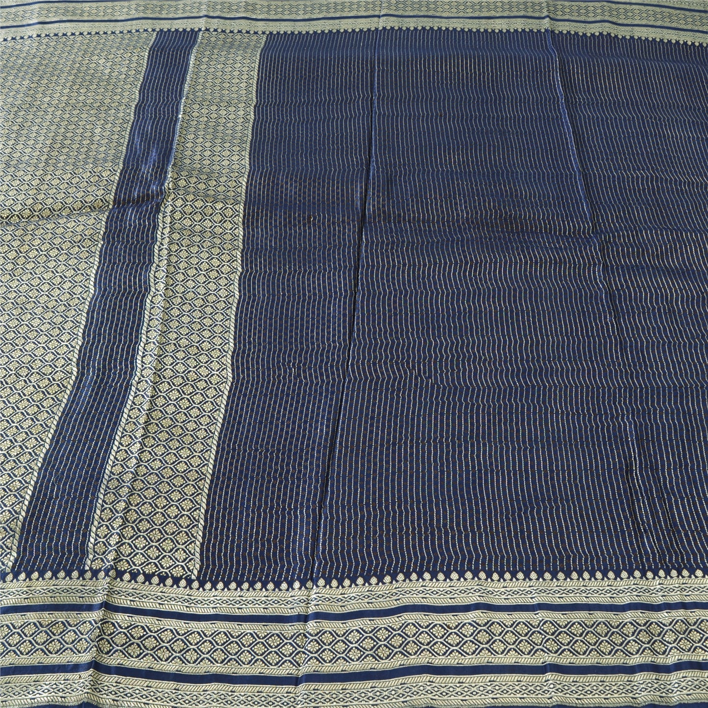 Sanskriti Vintage Navy Blue Sarees Pure Satin Silk Brocade Woven Sari 5yd Fabric