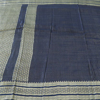 Sanskriti Vintage Navy Blue Sarees Pure Satin Silk Brocade Woven Sari 5yd Fabric