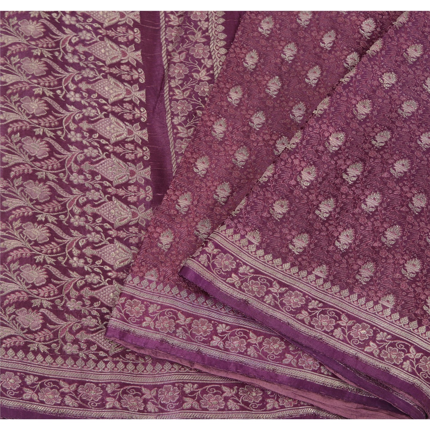 Sanskriti Vintage Purple Sarees Pure Silk Brocade Woven Ethnic Sari 5yd Fabric