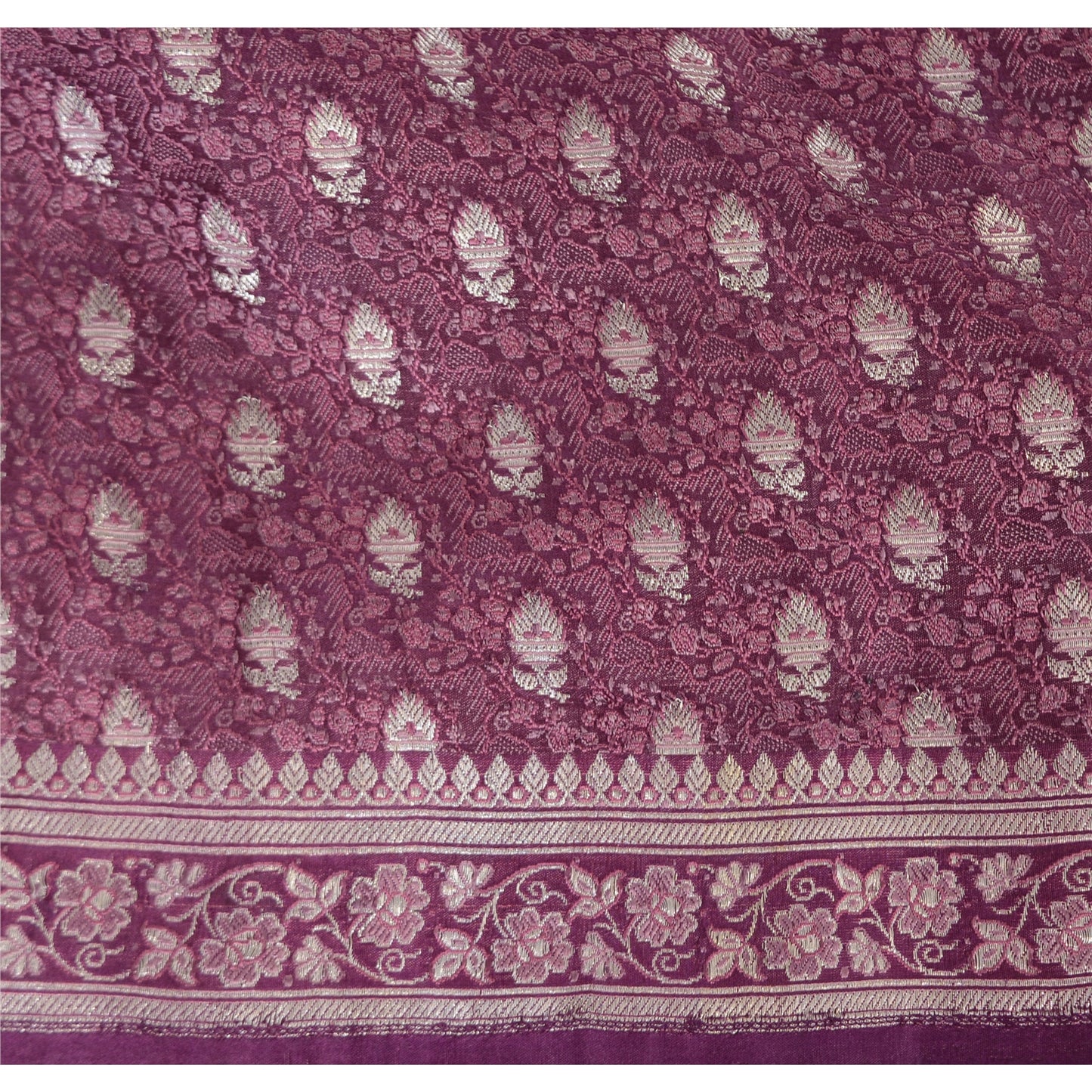 Sanskriti Vintage Purple Sarees Pure Silk Brocade Woven Ethnic Sari 5yd Fabric