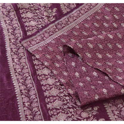 Sanskriti Vintage Purple Sarees Pure Silk Brocade Woven Ethnic Sari 5yd Fabric