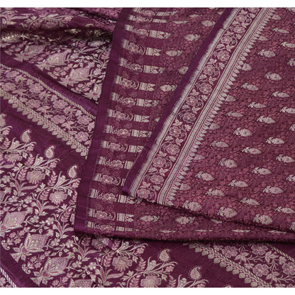 Sanskriti Vintage Purple Sarees Pure Silk Brocade Woven Ethnic Sari 5yd Fabric