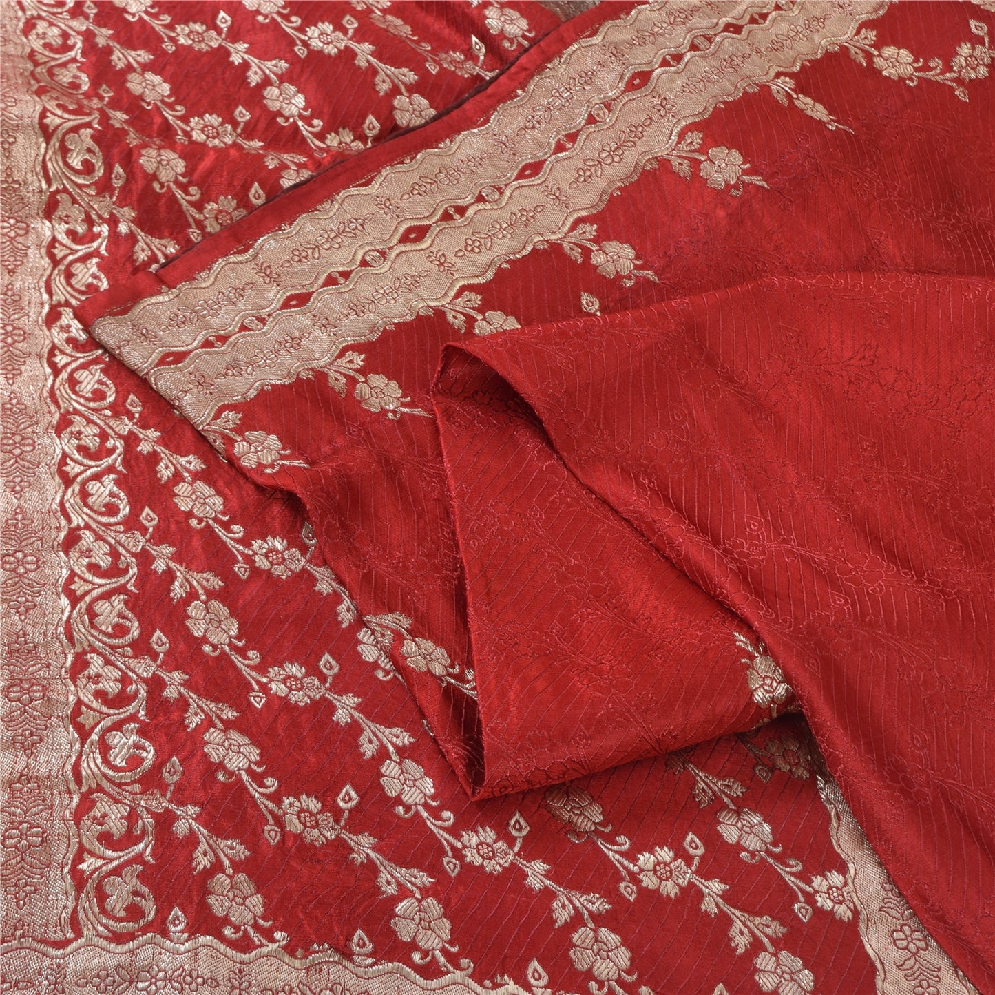 Sanskriti Vintage Red Sarees Pure Satin Silk Brocade/Banarasi Woven Sari Fabric