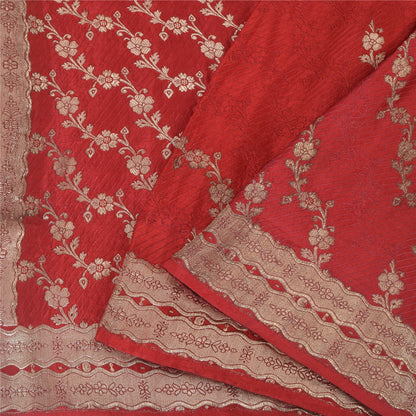 Sanskriti Vintage Red Sarees Pure Satin Silk Brocade/Banarasi Woven Sari Fabric