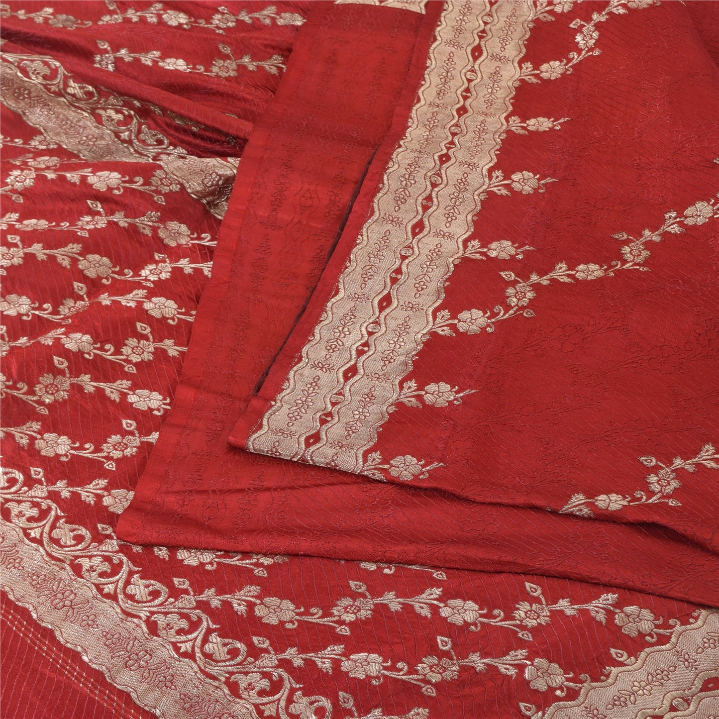 Sanskriti Vintage Red Sarees Pure Satin Silk Brocade/Banarasi Woven Sari Fabric