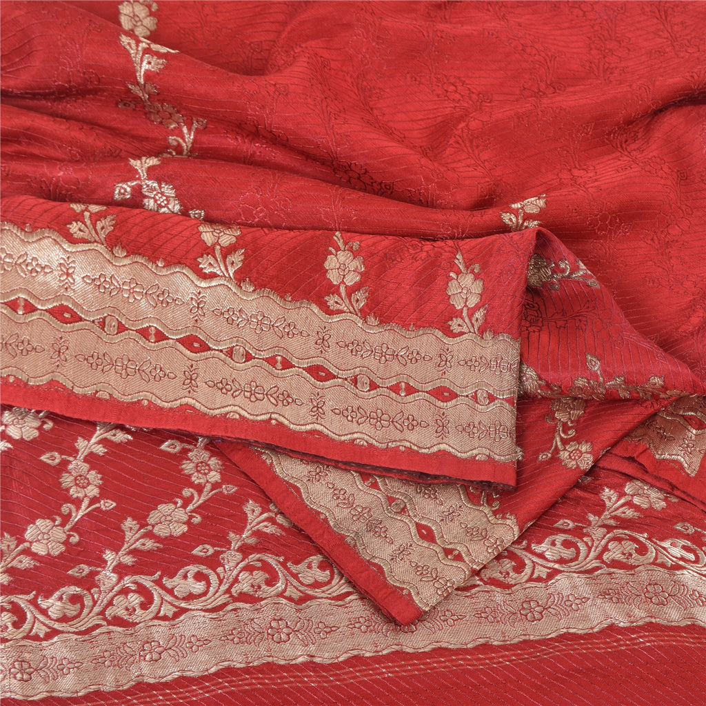 Sanskriti Vintage Red Sarees Pure Satin Silk Brocade/Banarasi Woven Sari Fabric