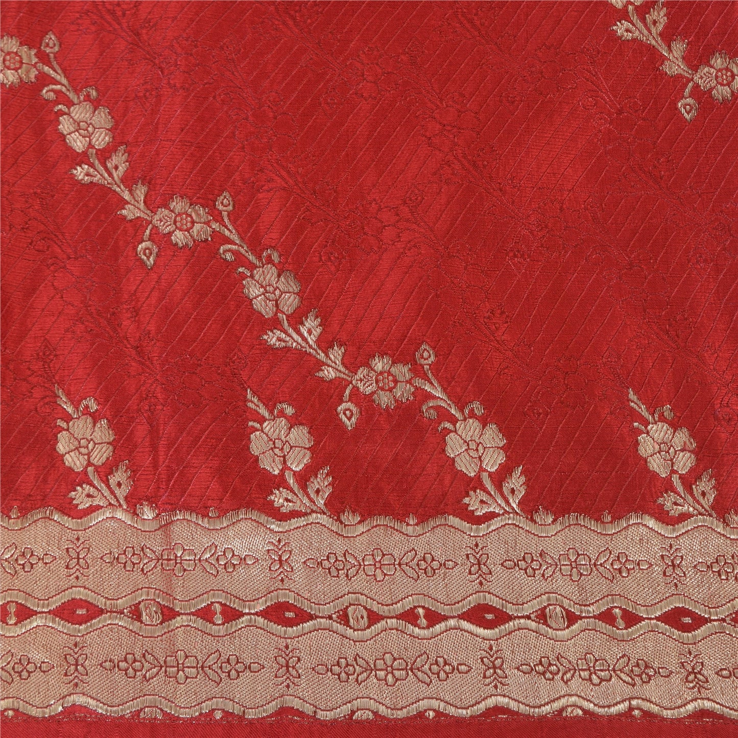 Sanskriti Vintage Red Sarees Pure Satin Silk Brocade/Banarasi Woven Sari Fabric