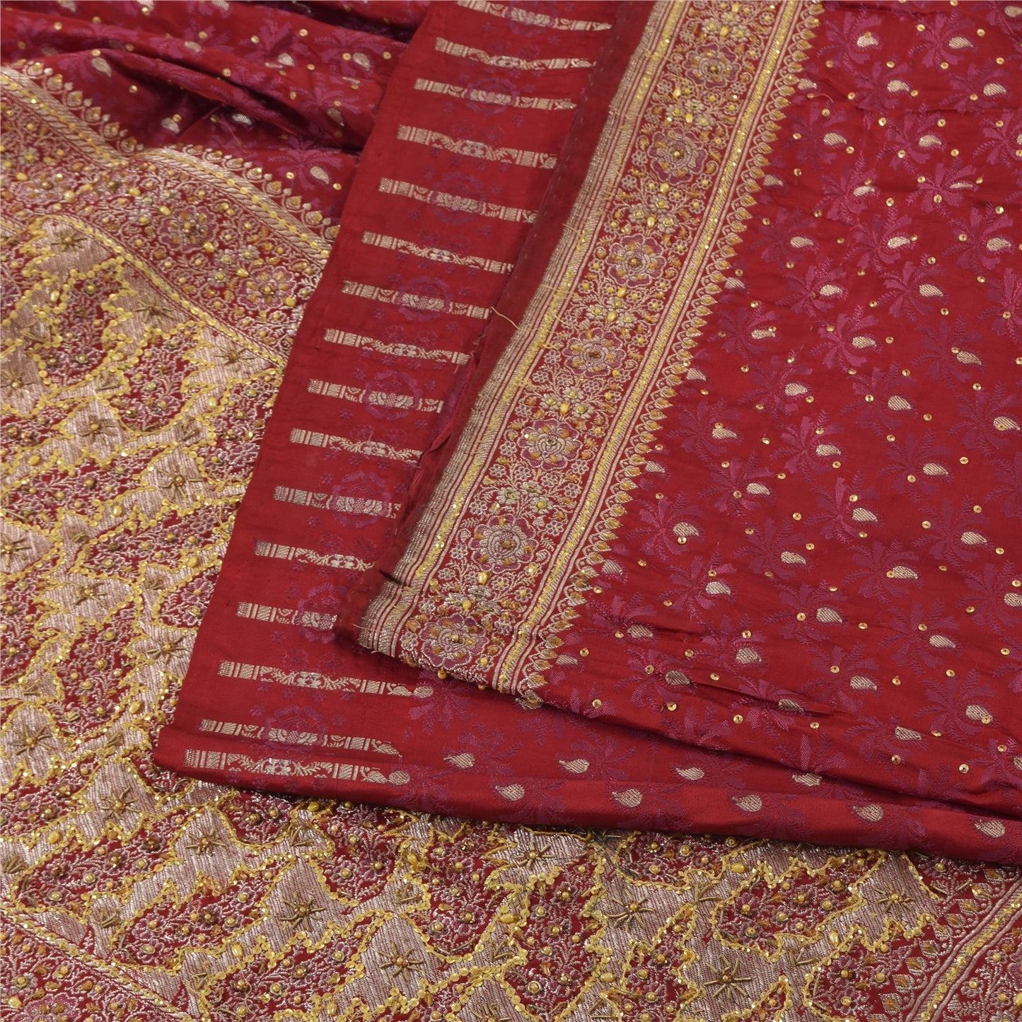 Sanskriti Vintage Red Sarees Pure Satin Silk Brocade Hand Beaded Sari 5yd Fabric