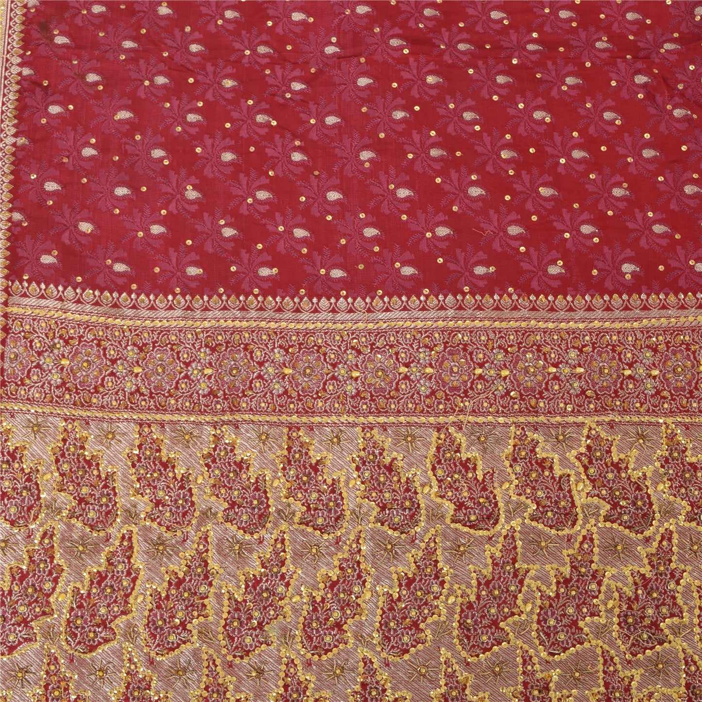 Sanskriti Vintage Red Sarees Pure Satin Silk Brocade Hand Beaded Sari 5yd Fabric