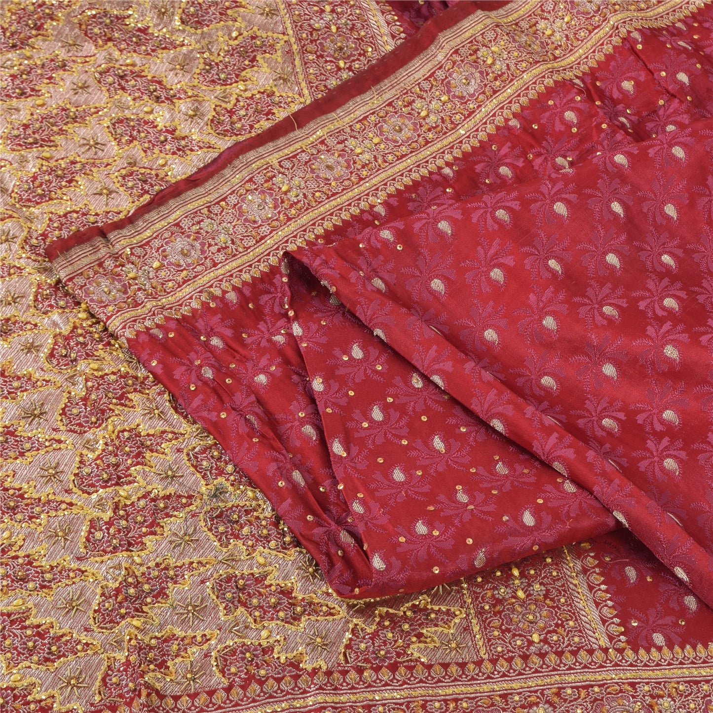 Sanskriti Vintage Red Sarees Pure Satin Silk Brocade Hand Beaded Sari 5yd Fabric