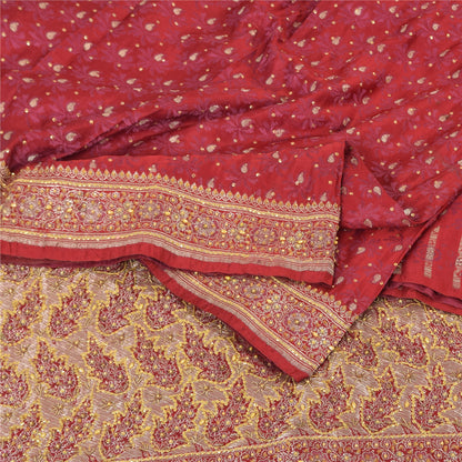 Sanskriti Vintage Red Sarees Pure Satin Silk Brocade Hand Beaded Sari 5yd Fabric