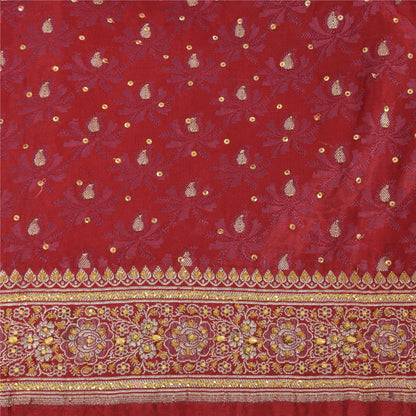 Sanskriti Vintage Red Sarees Pure Satin Silk Brocade Hand Beaded Sari 5yd Fabric