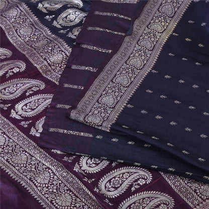 Sanskriti Vintage Purple Sarees Pure Satin Silk Brocade Woven Sari Craft Fabric