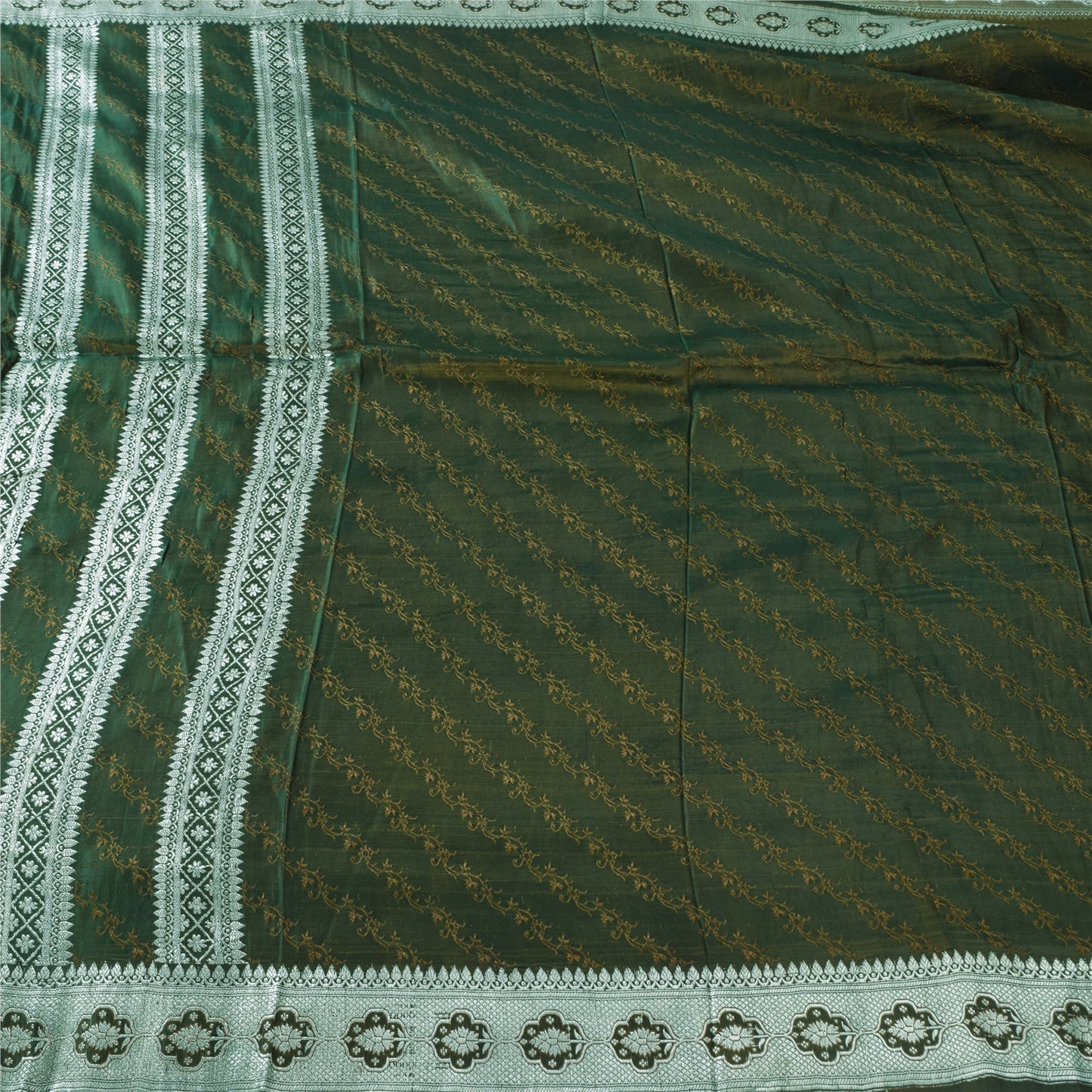 Sanskriti Vintage Dark Green Sarees Pure Satin Silk Banarasi Woven Sari Fabric