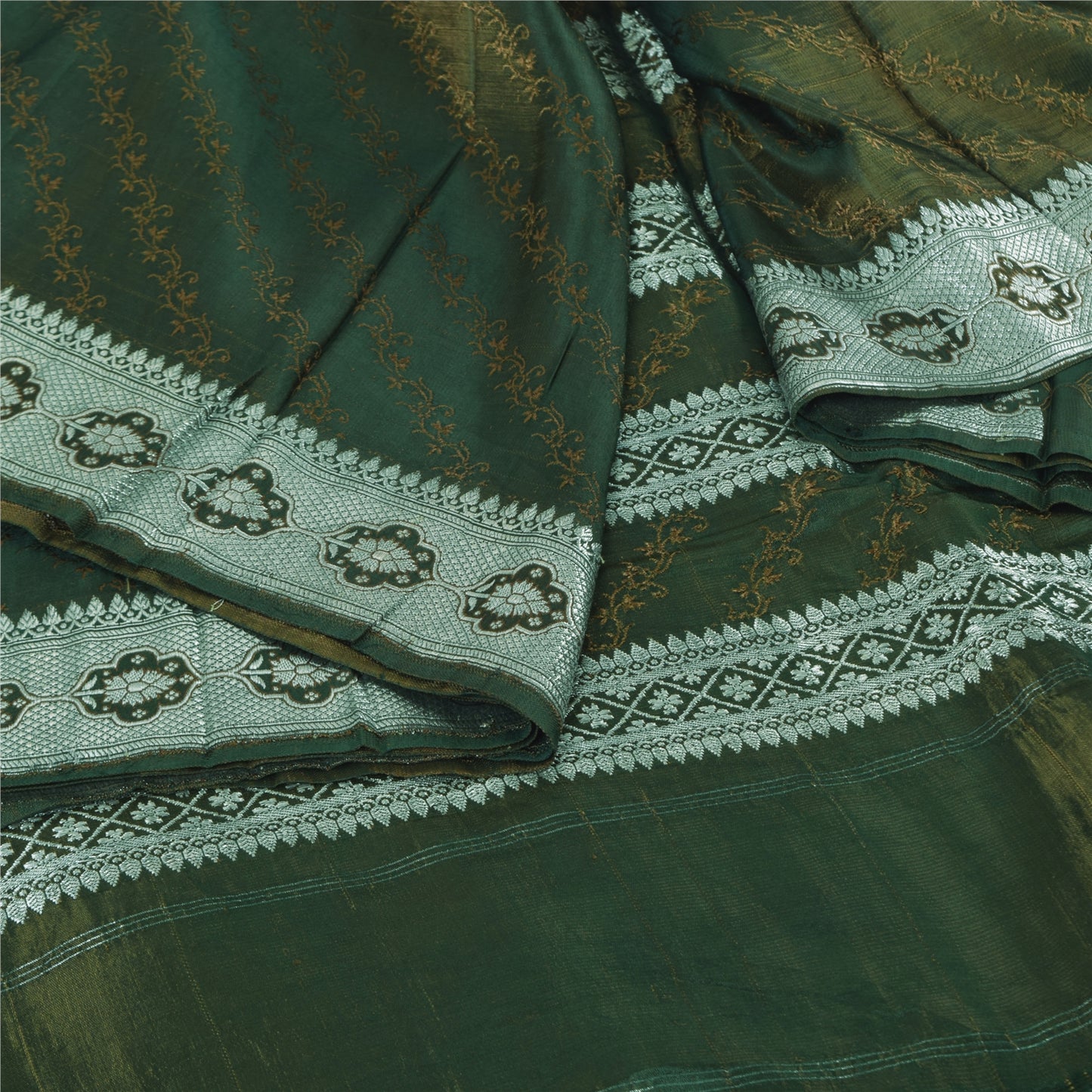 Sanskriti Vintage Dark Green Sarees Pure Satin Silk Banarasi Woven Sari Fabric