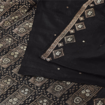 Sanskriti Vintage Black Sarees Pure Silk Brocade/Banarasi Woven Sari 5yd Fabric