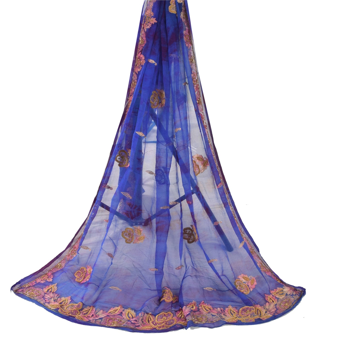 Sanskriti Vintage Blue Dupatta Long Stole Pure Chiffon Hand Beaded Tie- Dye Veil