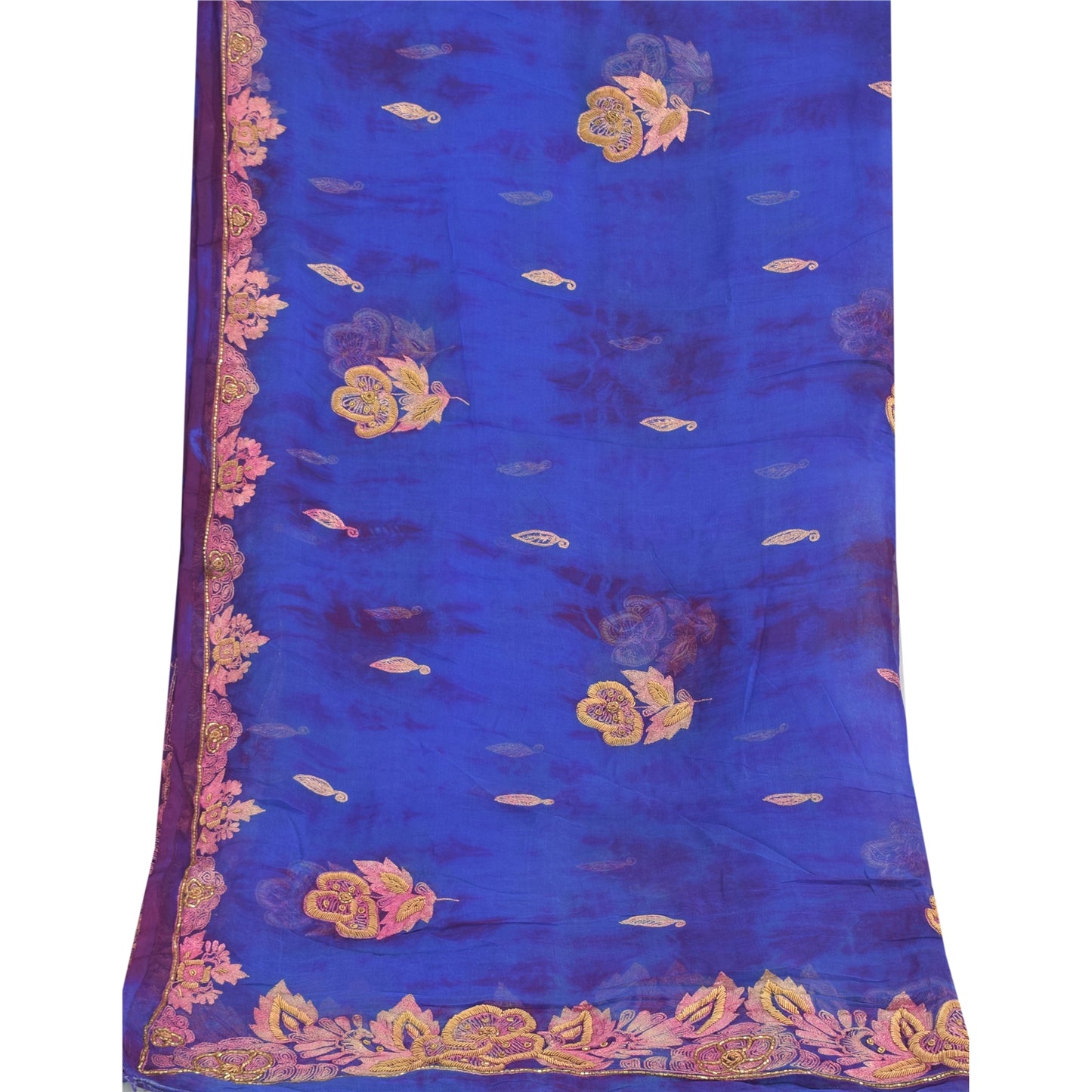 Sanskriti Vintage Blue Dupatta Long Stole Pure Chiffon Hand Beaded Tie- Dye Veil