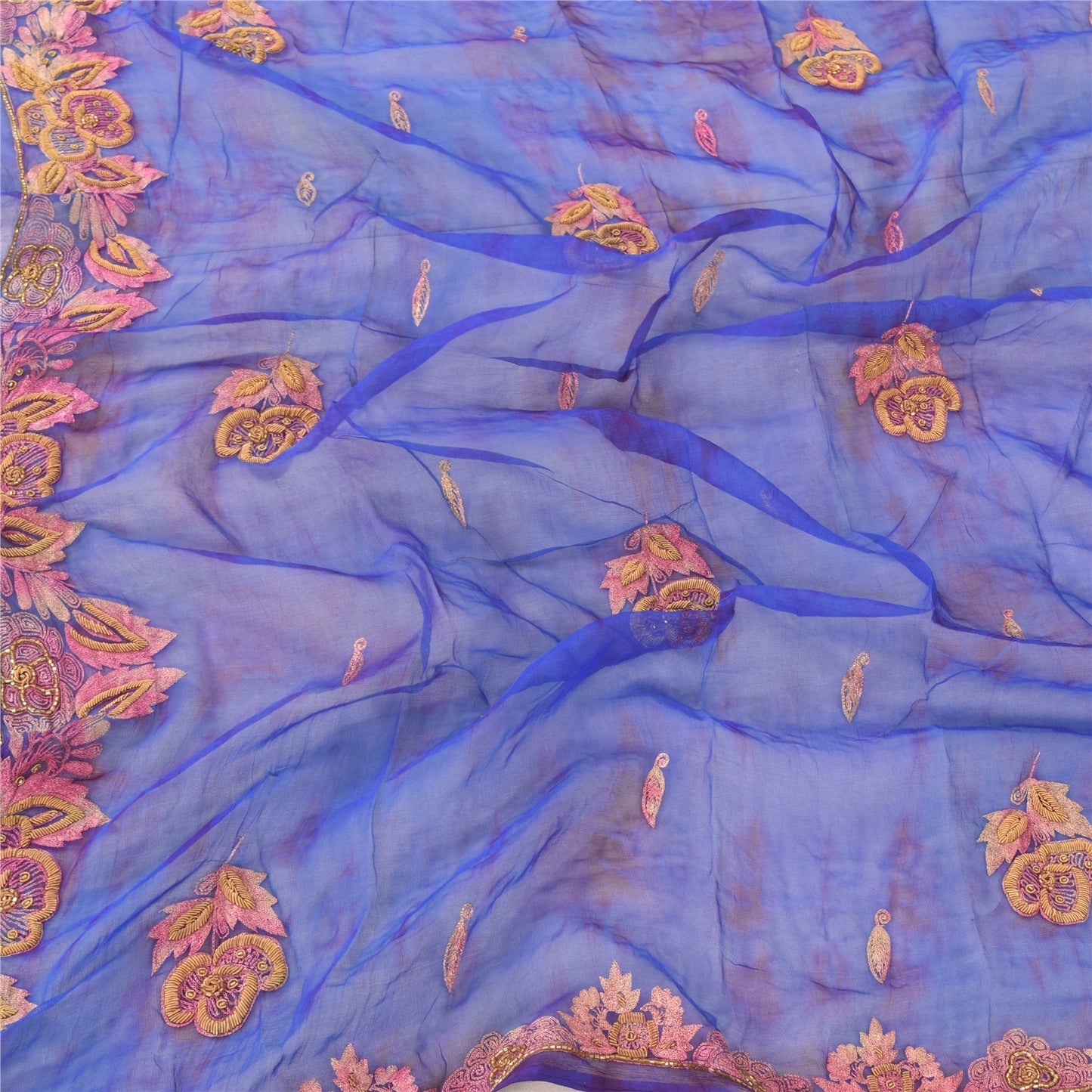 Sanskriti Vintage Blue Dupatta Long Stole Pure Chiffon Hand Beaded Tie- Dye Veil